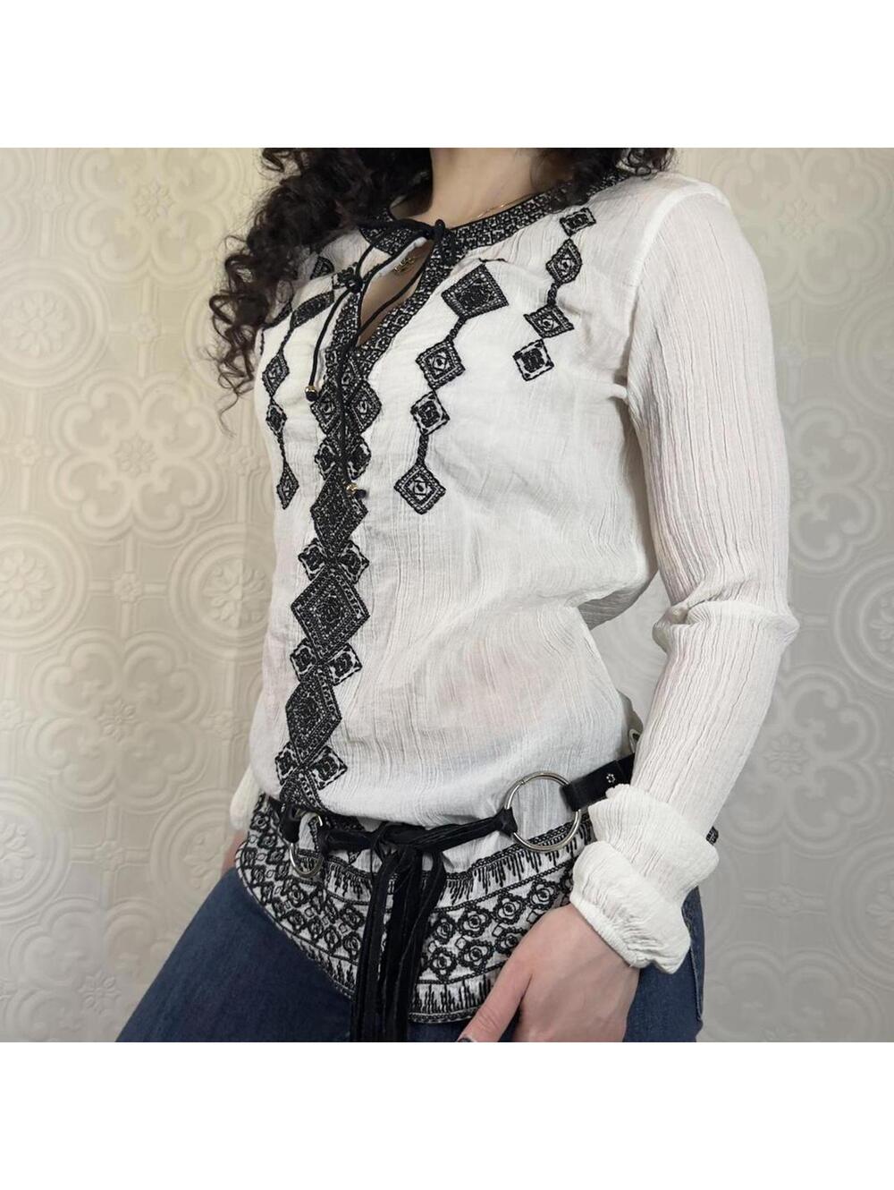 White & Black Boho Embroidered Long Sleeve Blouse Womens XS C Wonder